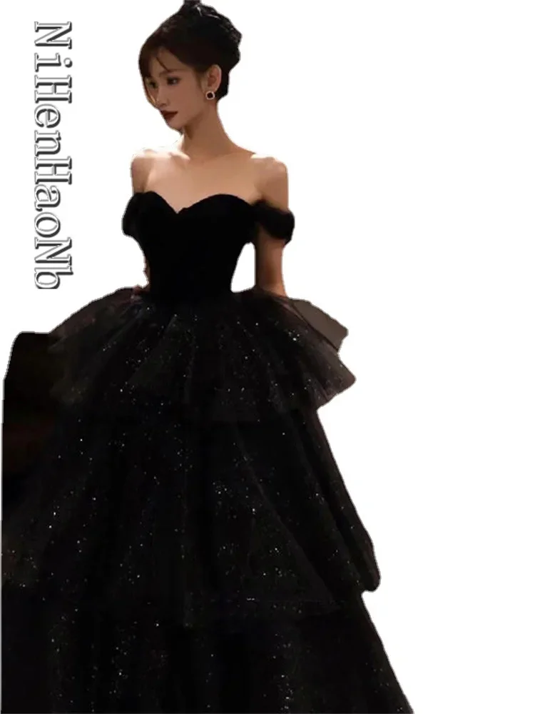 Robe De Soirée noire Sexy et élégante, ligne a, sans bretelles, en Tulle, Robes d'occasion, 2023