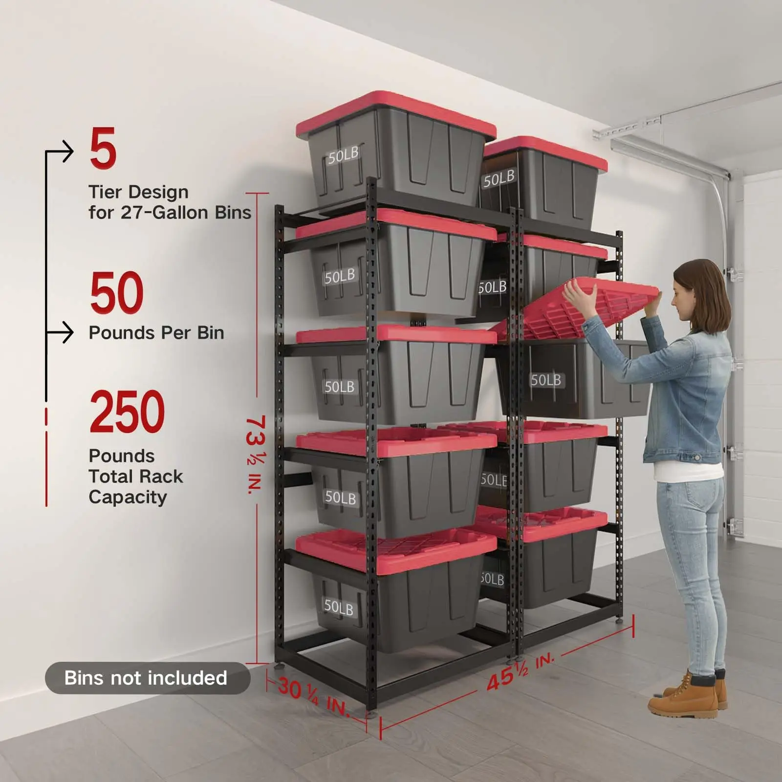 27 Gallon Storage Bin Rack Organizer, Heavy-Duty Tote Storage Rack, 5-Tier Standing Storage Bin Shelves, 250 lb