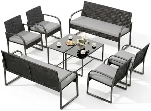 8 Piece Outdoor Patio Furniture Set, Outdoor Black Wicker Patio Furniture with Glass Coffee Table, Modern Rattan Chairs