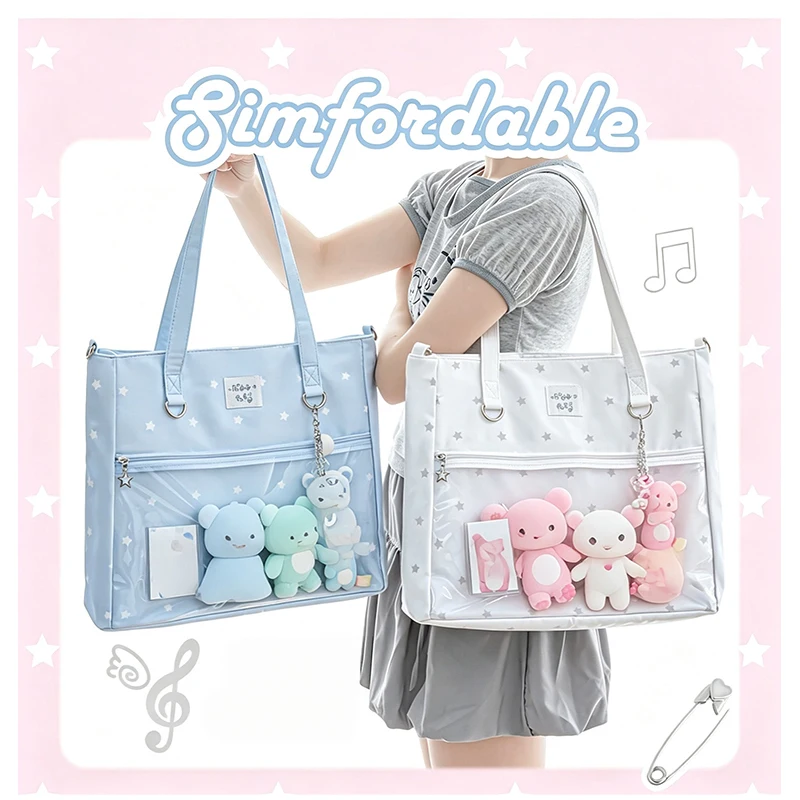 Kawaii Star Polka Dot Ita Bag Tote Bag Music Note Pattern Transparent Window Shoulder Crossbody Bag Large‑Capacity Handbag