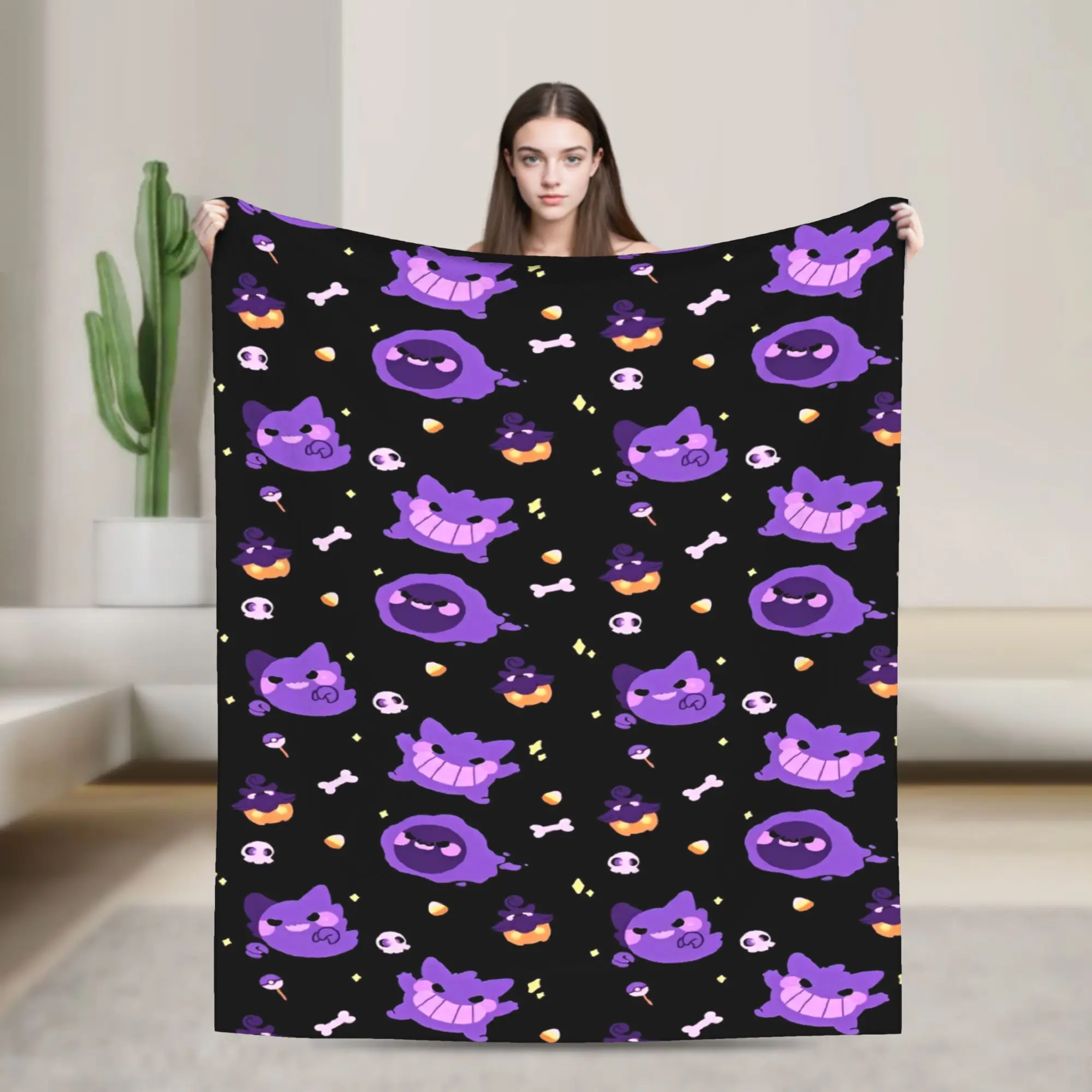 Gengar Purple Dense Pattern Blanket Pokemoned Airplane Travel Flannel Throw Blanket For Couch Bed Soft Warm Bedspread Gift