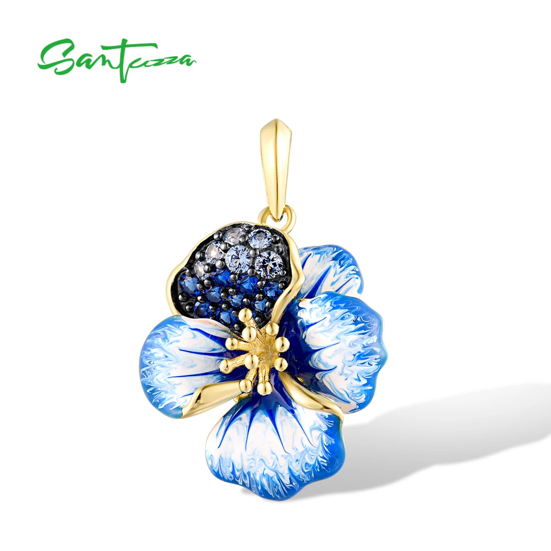 SANTUZZA Pure 925 Sterling Silver Pendant for Women Sparkling Blue Spinel Enamel Flower Exquisite Party Wedding Fine Jewelry