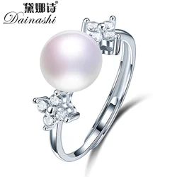 Dainashi High Quality Freshwater Cultured Pearl Ring 925 Sterling Silver Crystal Adjustable Ring Jewelry Party Gift for Women