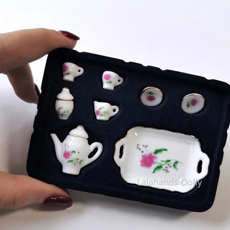 Mini set da tè in ceramica per casa delle bambole Tazza da tè Mini modello di scena di gioco con il cibo per la casa delle bambole Articoli da cucina in miniatura Accessori per mobili