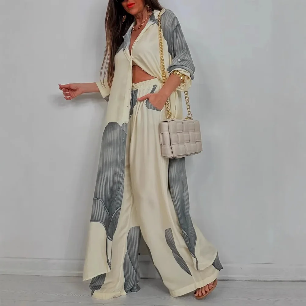 Elegant Lady Set Printed Long Shirt Top Wide Leg Pants 2-piece Outfit Casual Loose Oversized Women Sets Casual Two-piece Outfit