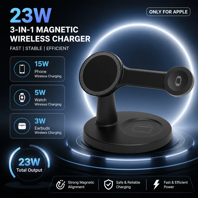 3 In 1 23W Magnetic Wireless Charger Portable Multi‑Function Desktop Fast Charging Station For iPhone 18 17 Airpods Apple Watch