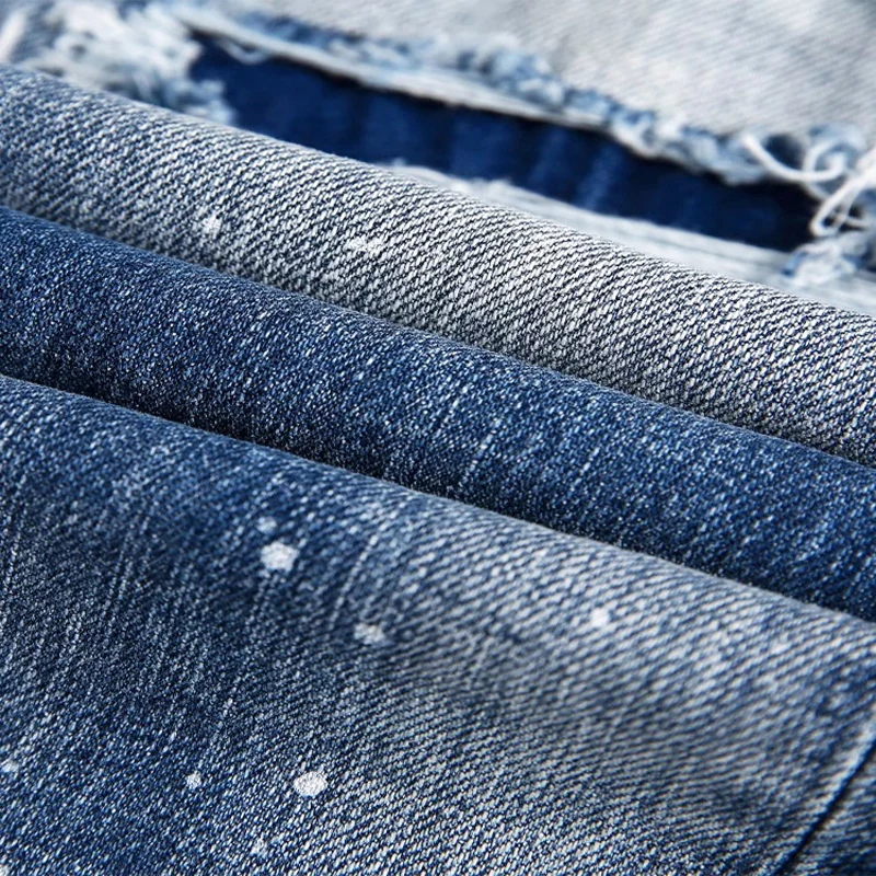 y2k fashion new jeans with painted pleats, slim fit, elastic wash, nostalgic perforated patch, light blue jeans, high stree