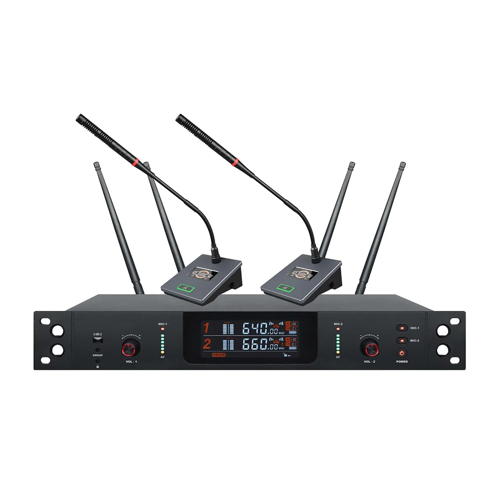 Micrófono inalámbrico certificado UHF de 2 canales True Diversity XLR auriculares de mano Clip Lavalier Dy namic Material metálico para