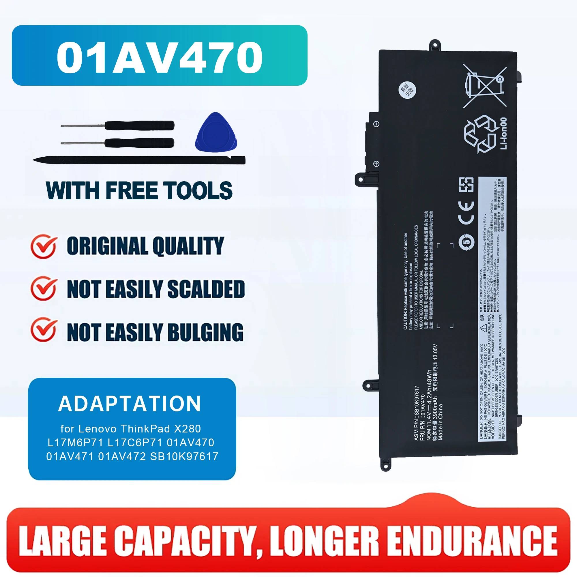 01AV470 Battery for Lenovo ThinkPad X280 L17M6P71 L17C6P71 01AV470 01AV471 01AV472 SB10K97617 11.4V 48WH Free Tools