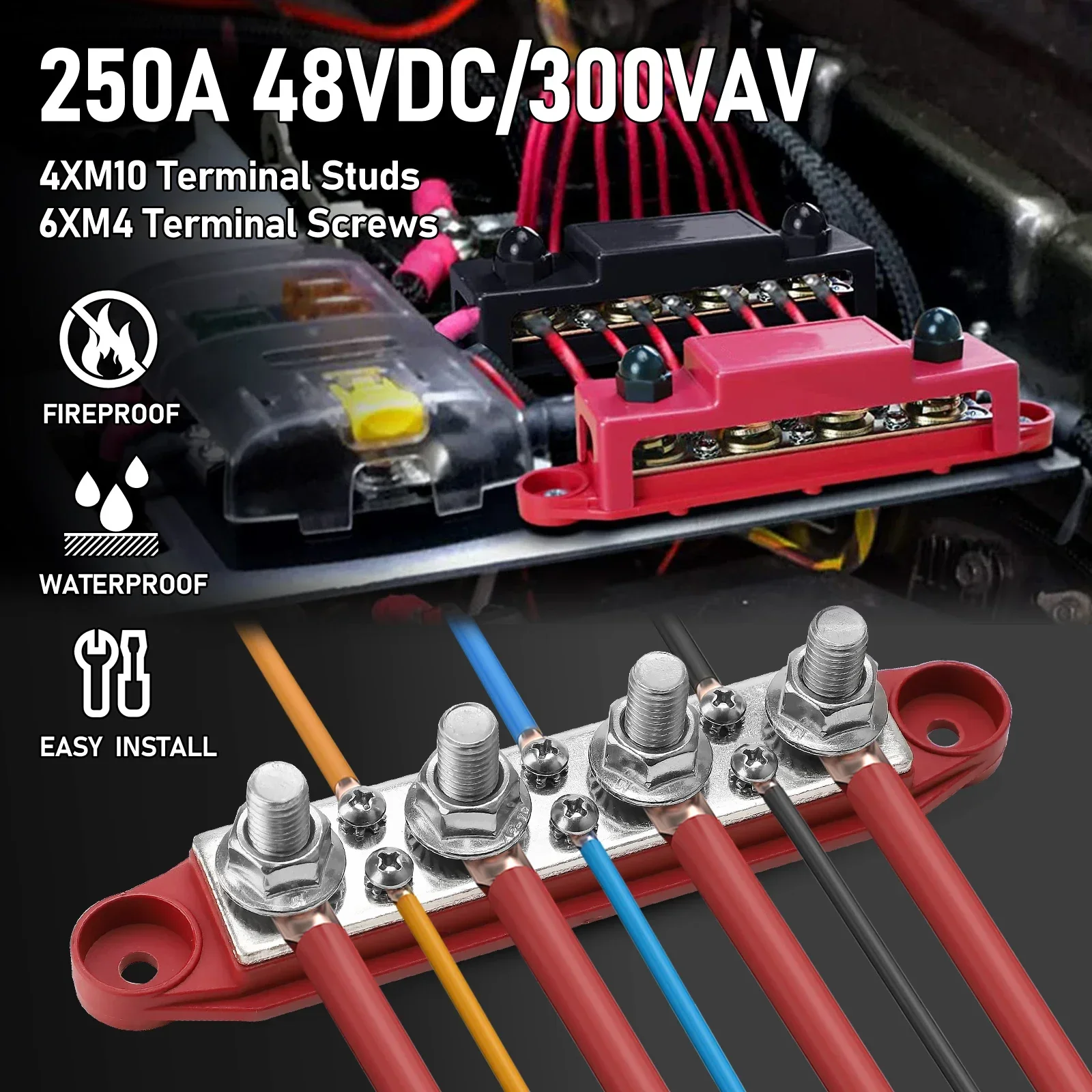 12 V-48 V 250A Bus Bar Terminal Batterij Stroomverdeling Blok Met Cover M8 Schroef 4 voor auto Boot RV Truck