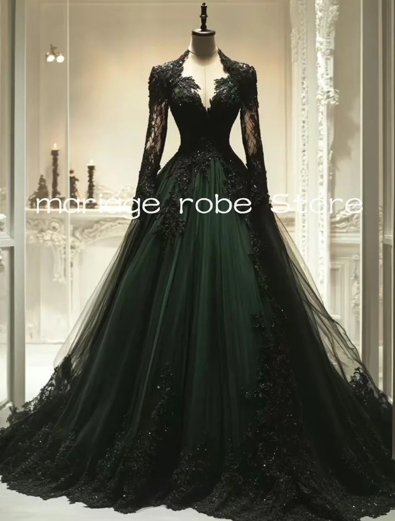 فساتين زفاف هنتر جرين أسود قوطي بريق دانتيل مزين بأكمام طويلة في الهواء الطلق حديقة بوهو فستان زفاف الزي حسب الطلب