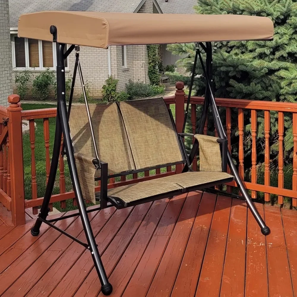 2-Seat Deluxe Outdoor Patio Porch Swing with Weather Resistant Steel Frame, Adjustable Tilt Canopy, Beige