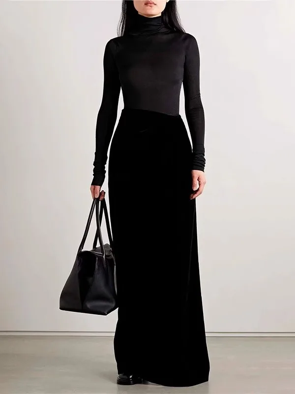 Maxdutti French Minimalist Elegant Spring High Waisted Velvet Long Half Skirt Black Slim Fit Niche Design Skirt Woman Clothing
