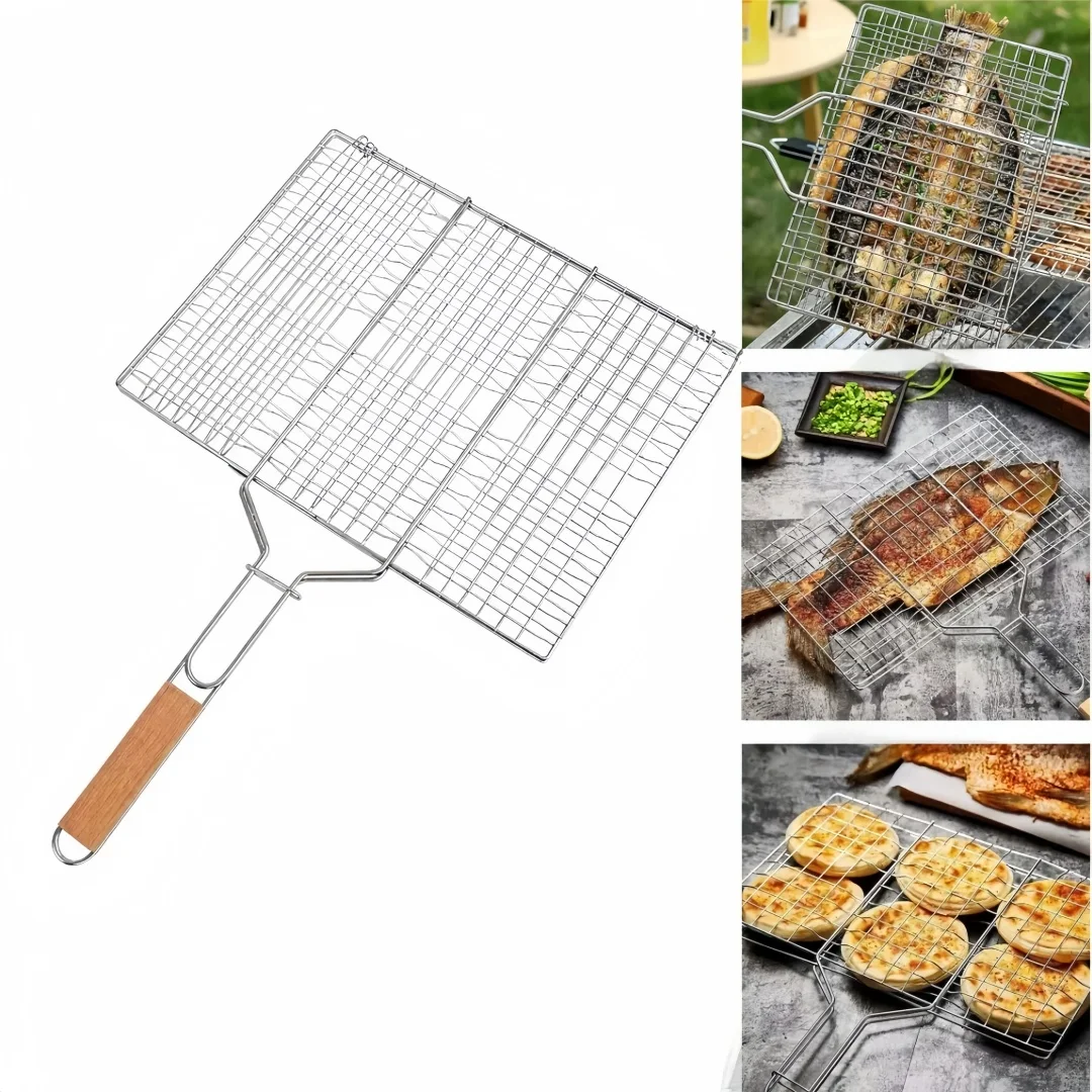 Stainless Steel Barbecue Mesh Clip,heat-resistant Wooden Handle,outdoor Barbecue,grilled Fish,grilled Vegetables,non Stick Board
