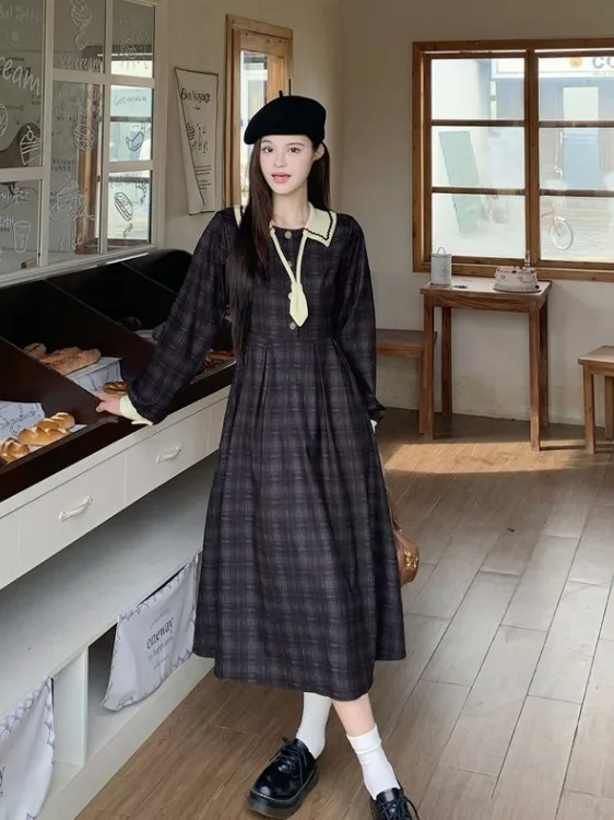 

plus Size Women's College Sle Plaid Long Sve Dr A-Line High Waist Constricting Autumn New Faion Ci Commute Dr