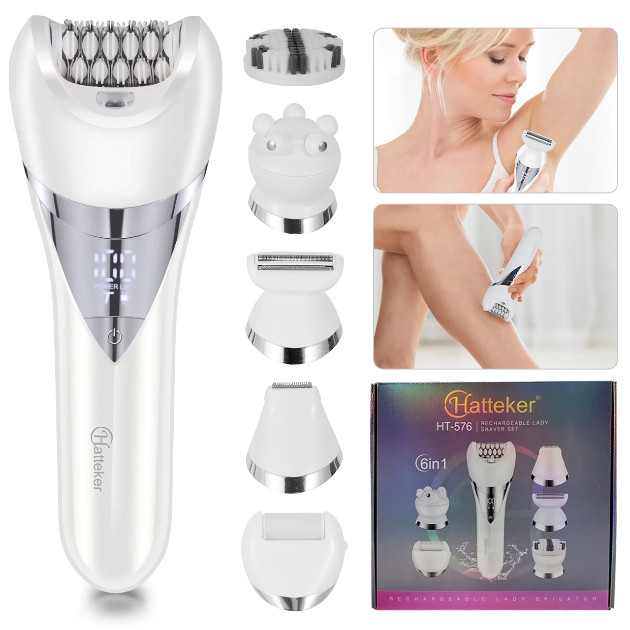 Hatteker 5-in-1 Epilator Hair Remover Leg Body Portable Lady Shaver Hair Removal Tool Underarms Facial Clipper for Women IPX7