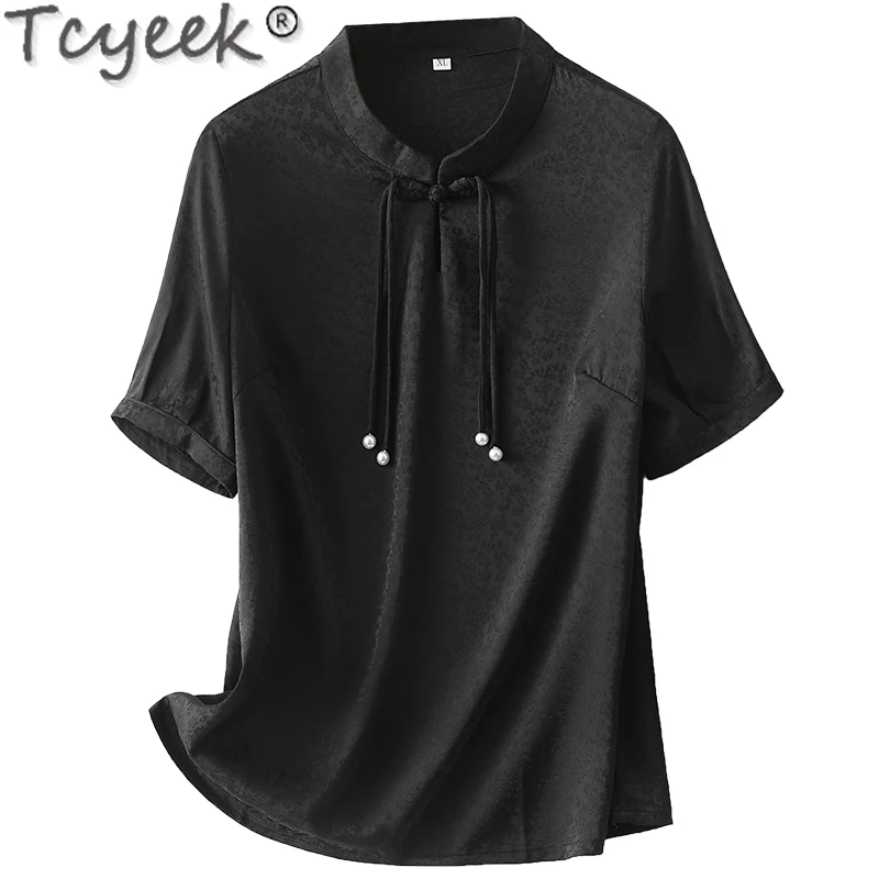 

Tcyeek 92% Mulberry Silk Blouse 2024 Elegant Female Blouses Short Sleeve Top Summer Clothes Vintage Womens Tops Blusas De Mujer