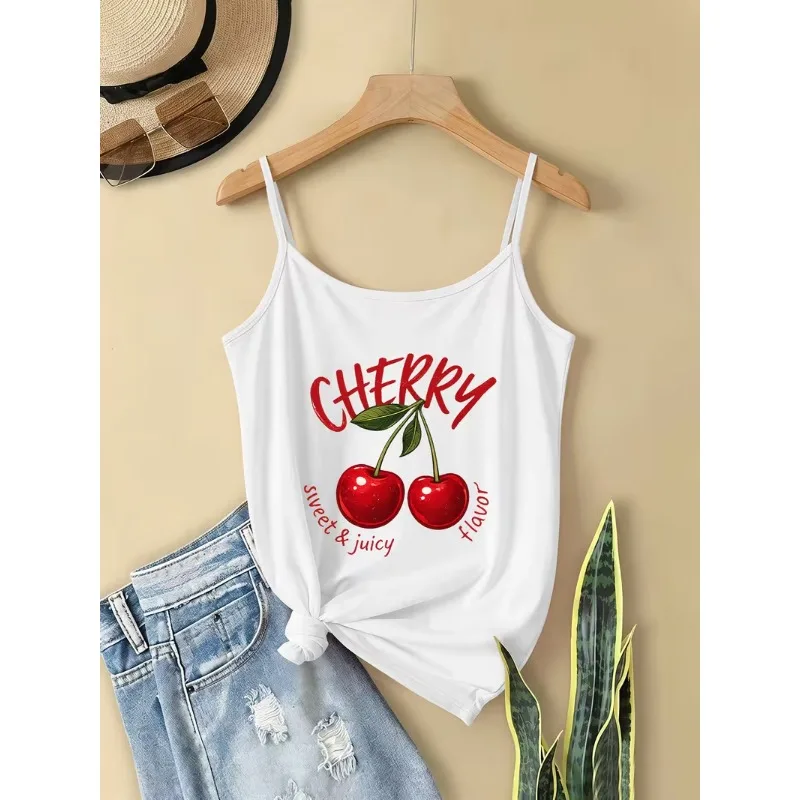 Y2K Aesthetic Women Camisole Cherry Fruit Letter Graphic Print Spaghetti Strap Sleeveless Tank Top Sweet Casual Cami Vest Tops