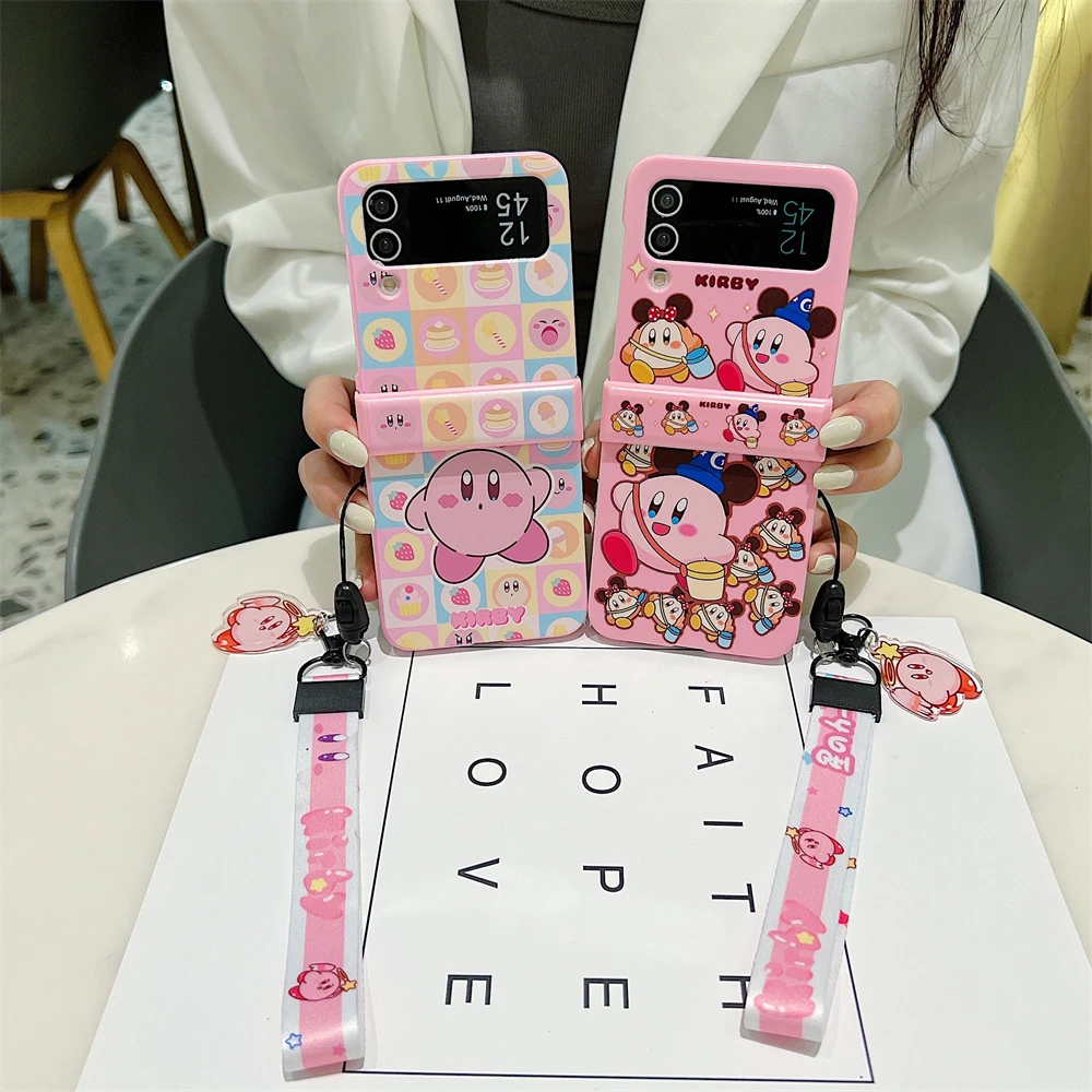 

Cartoon Pink Kirbies with Lanyard Candy Color Phone Case for Samsung Galaxy Z Flip 3 4 5 6 5G PC Hard Anti-drop Back Cover Funda