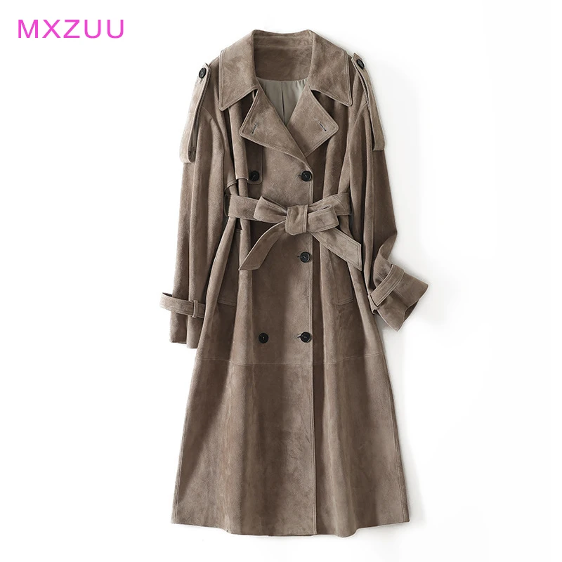 Real Suede Jacket Winter Female Elegant British Style Brown/Grey Sheepskin Double-Breasted Belt Slim Long Casual Leather Coat