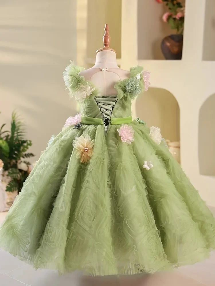 Flower Girls Dress Wedding Bridesmaid Ruffle Tutu Long Dresses Little Girls Very Luxury Elegant Evening Party Pageant Gown