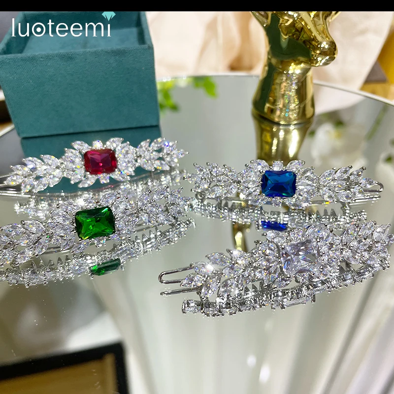 LUOTEEMI Korean Luxury Fashion Simulated Gemstones Hair Clips for Women Bridal Wedding Hair Accessaries Ceremoney Birthday Gifts