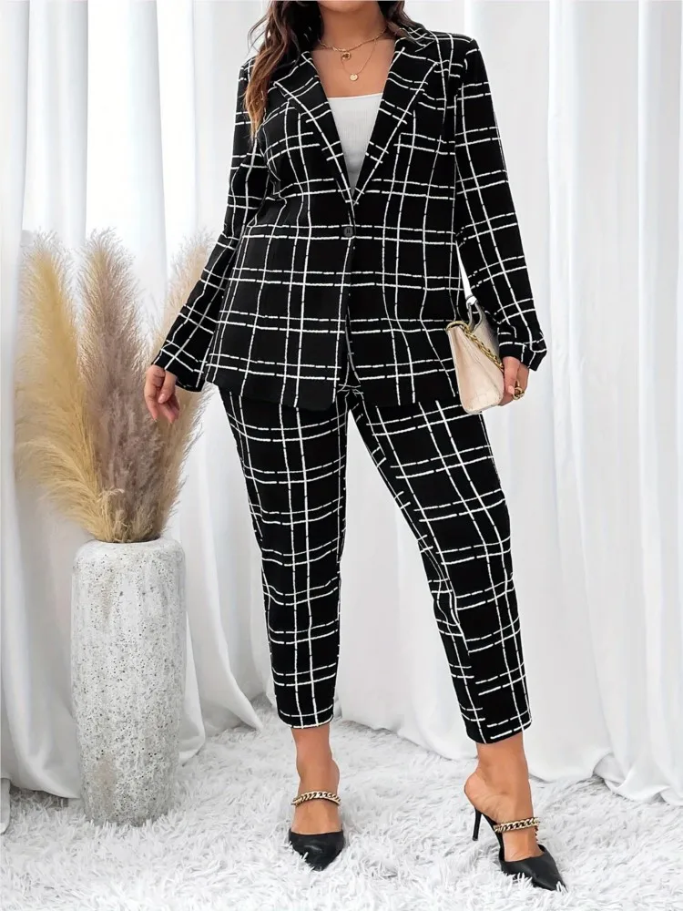 Plus Size Plaid Striped Print Autumn 2 Two Piece Set Women Fashion Casual Ladies Blazers Suits Slim Bodycon Pencil Woman Pants