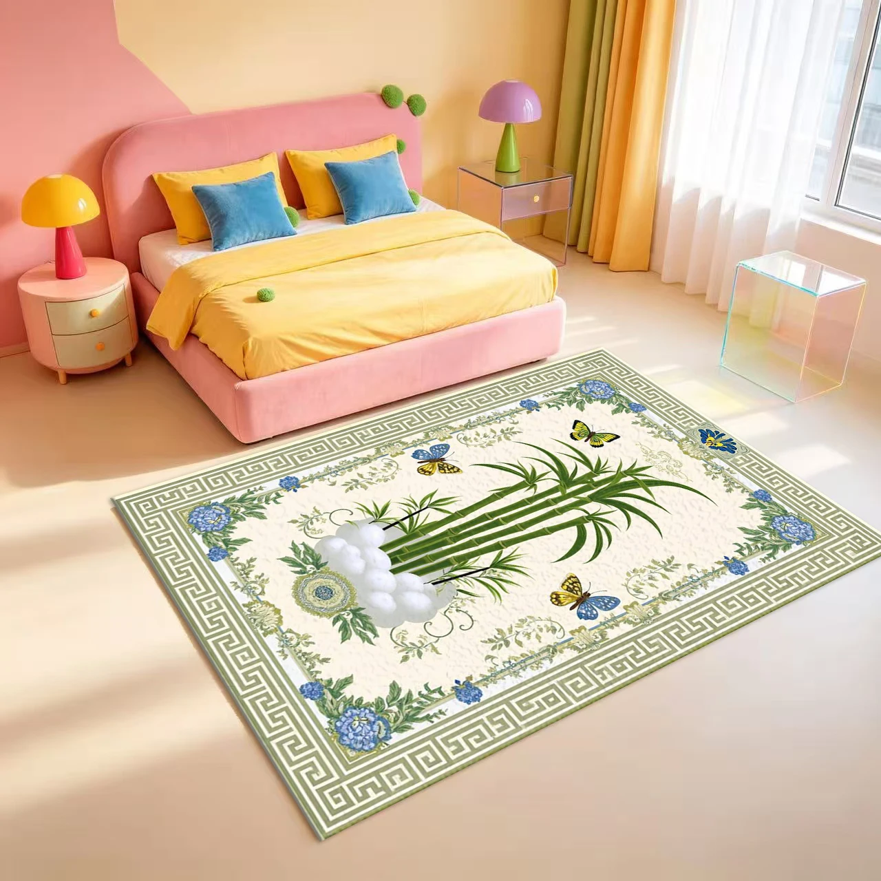 Vintage Bamboo Butterfly Carpet Oriental Floral Border Decorative Exquisite Home Decor Carpet
