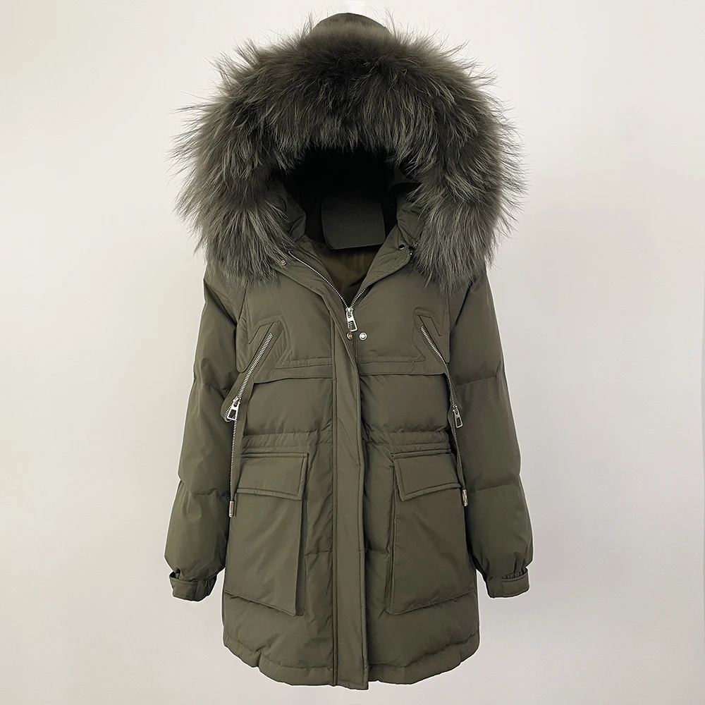 MENINA Autumn Winter 90% White Duck Down Workwear Parker Down Jacket Women Mid-Length Hooded Raccoon Fur Collar Thickened Warm