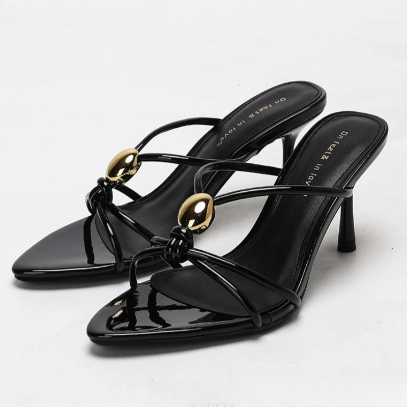 

Fashion Metal Decoration Heeled Slippers Women 2026 New Open Toe Casual Slides Narrow Strap Elegant Thin Heels Sandals for Women