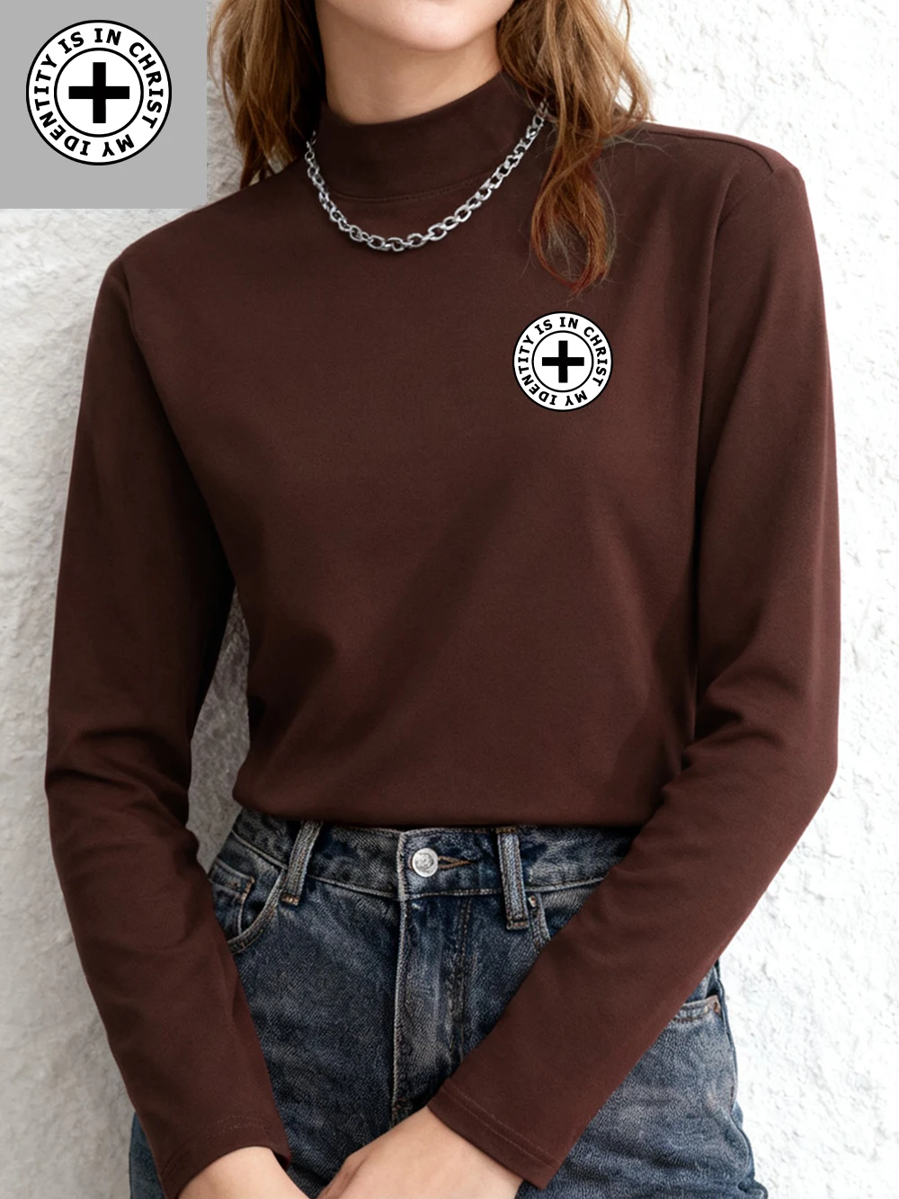 

My Identity Is In Christ Printed T-Shirts Womens Autumn Winter Fleece Tops Half Neck Slim Fit Warm Bottoming Shirt Basic Clothes