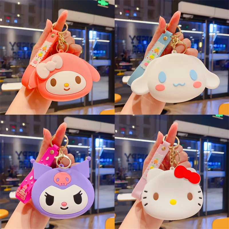 Cartoon Hello Kitty Silicone Coin Purse Keychain Kawaii Cinnamoroll Kuromi Students Wallet Pendant Keyring Kids Coins Bags Gifts