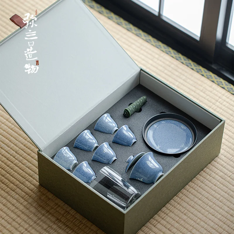 Sprinkle blue glaze pure handwritten four seasons good time cover bowl tea set set whole set gift box half hand gift kung fu tea
