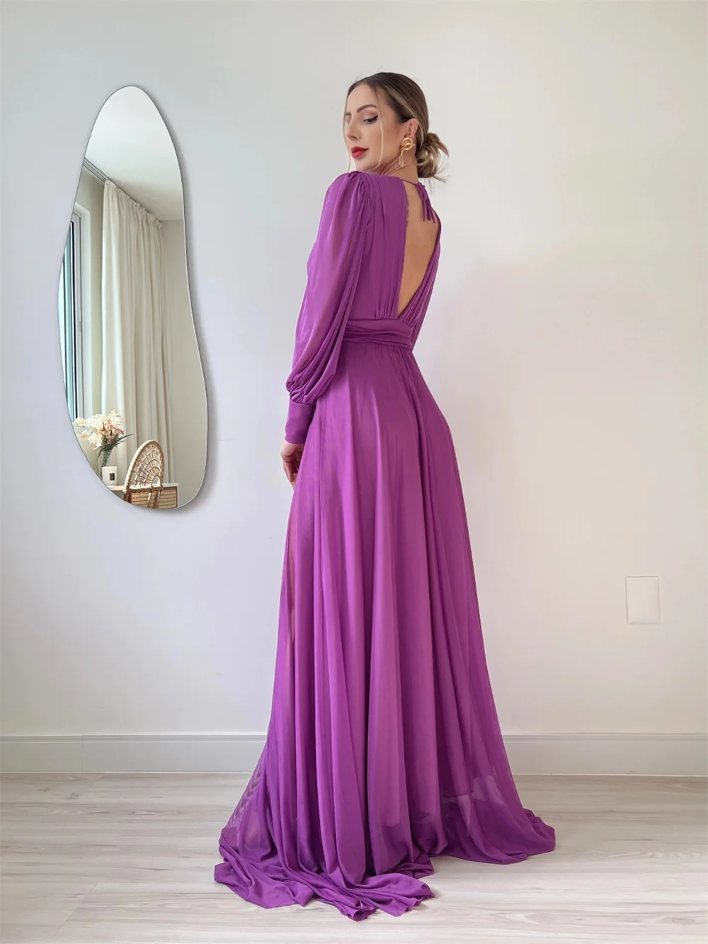 Amanda Comfy Chiffon Deep V-neck A-line Prom Dress Elegant Long Sleeve Purple Open Back Vestidos De Fiesta فساتين سهرة