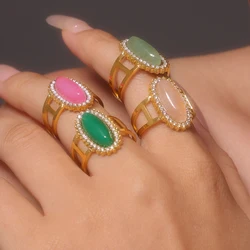 Elegant Oval Colorful Stone Ziron Stainless Steel Rings For Women Gold Plated Waterproof Adjustable Ring Charm Luxury Jewelry
