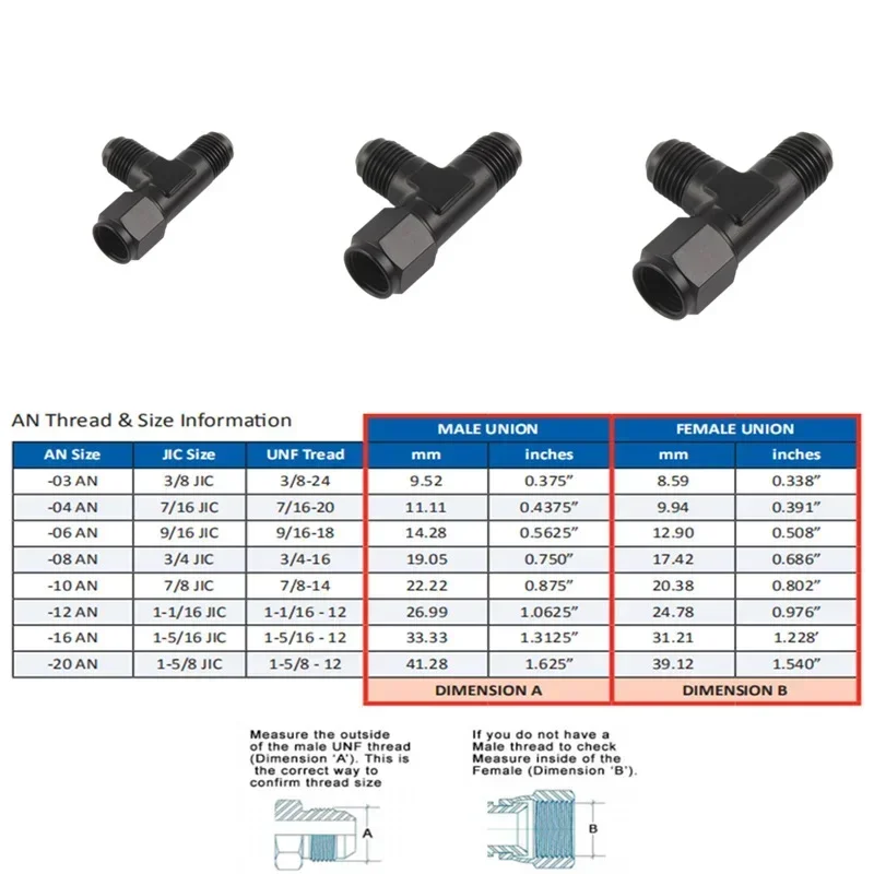 Aluminum Flare Tee Fitting  AN6 AN8 AN10 Male With 6 8 10 AN Female Swivel On Side Adaptor Black