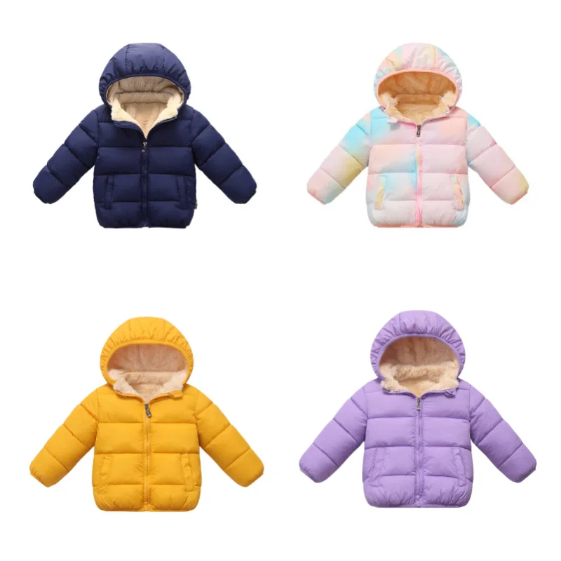 Kids Winter Hooded Puffer Coat Cozy Fleece Lining Zip Up Thick Jacket Tie-dye Rainbow Removable Hood Versatile Outerwear Tops