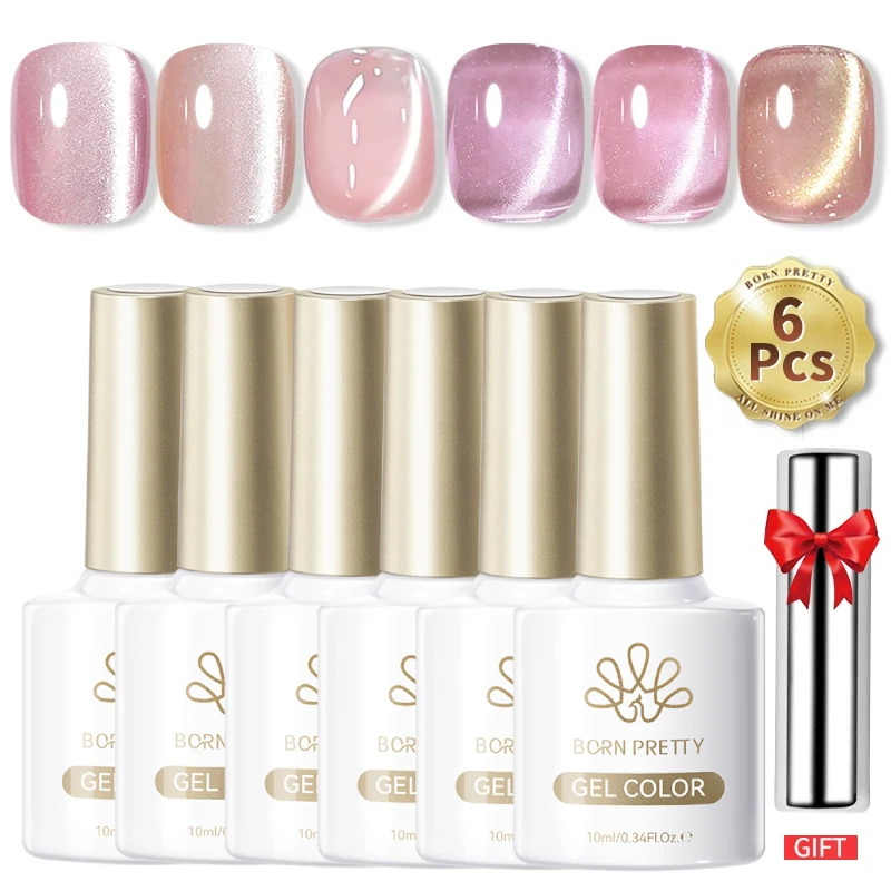 BORN PRETTY 6PCS Cat Magnetic  Gel Nail Polish Set Pink Glass Bead Moonlight  Semi Permanent Glitter Soak Off Painting Vanrish