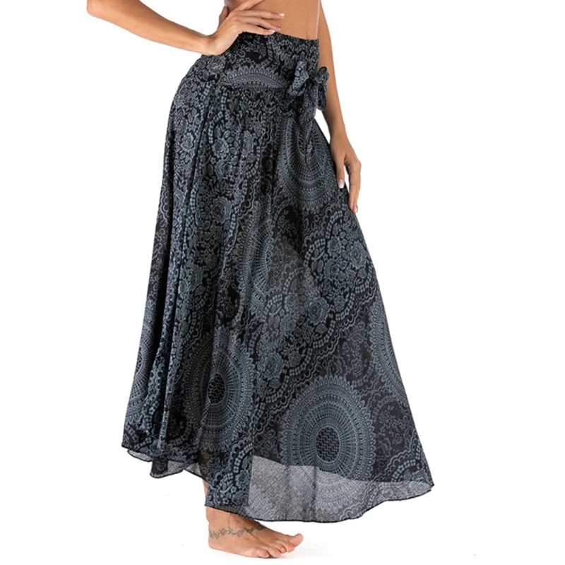 Womens 2 In 1 Bohemian Floral Print Flowy Asymmetric High Waist Beach Long Skirt Casual Self-Tie Halter Strapless Dress