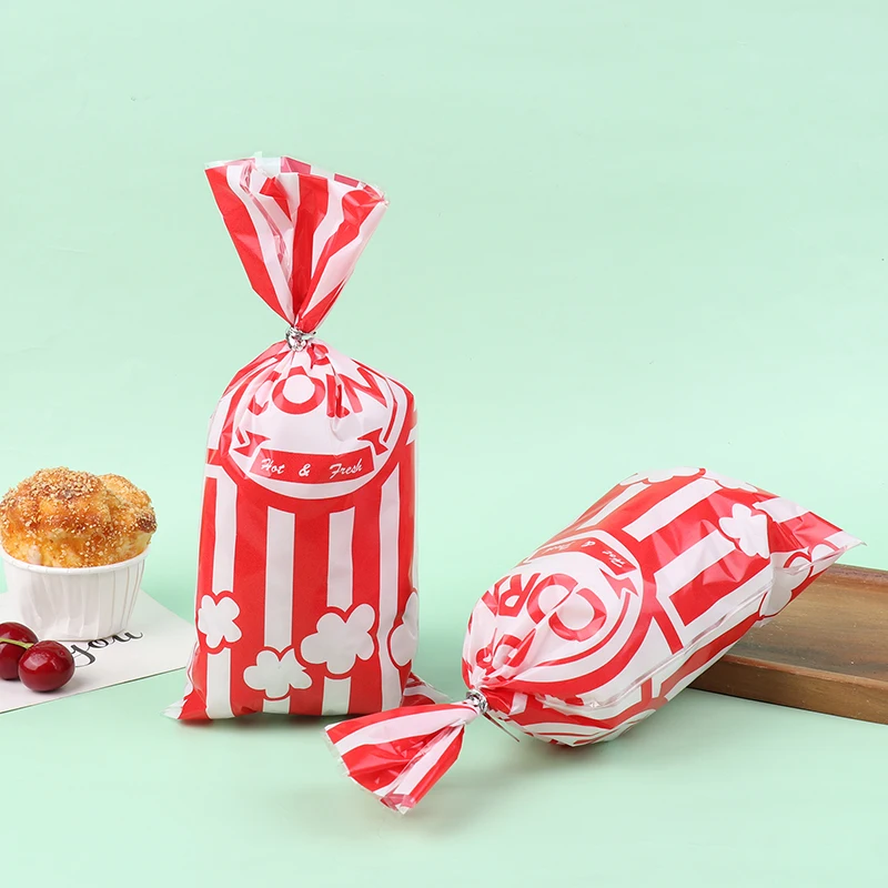 50Pcs Red Vertical Bar Popcorn Plastic Bag Snow Crisp Nougat Biscuit Bread Toast Bag Casual Baked Goods Bag For Birthday Party