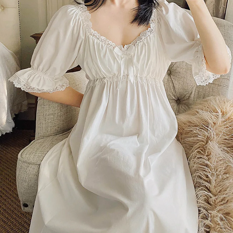 Women Nightgowns Satin Silk Short Sleeve Sleepwear V-Neck Lace Nightwear Bow Dress Sexy Lingerie Gown Homedress Nightdress