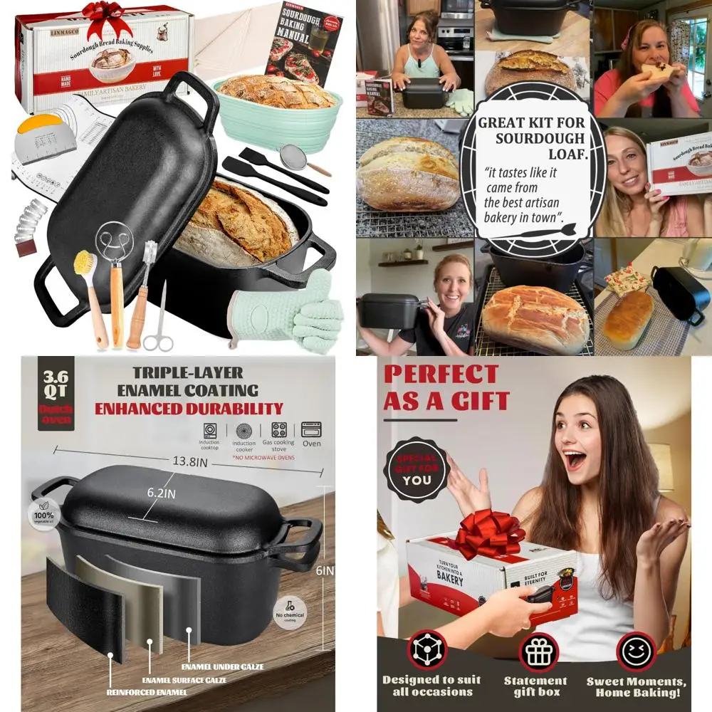 

Голландская печь для выпечки хлеба - овальная чугунная кастрюля 3,6QT, форма для хлеба с крышкой - принадлежности для выпечки хлеба, стартовый набор