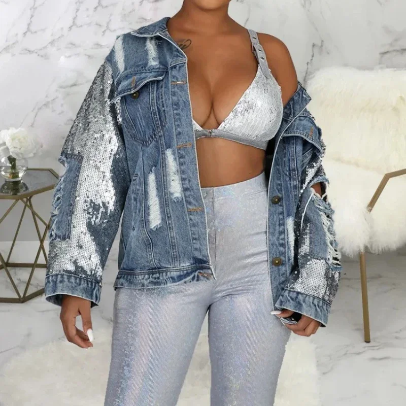 

Jackets Women Denim Coat Hole Sequins Patchwork Single Breasted Turn Down Collar Y2k Vintage Streetwear 2025 Autumn Outerwear