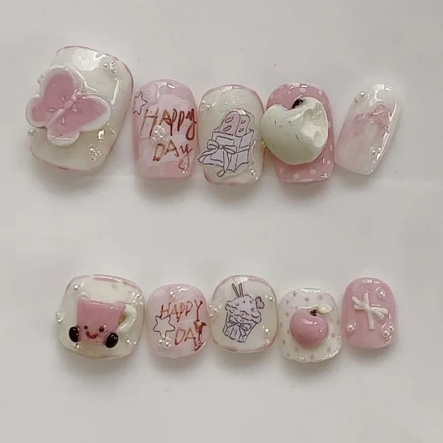 10 Uñas Postizas Verdes Degradado con Manzanas, Cortas Cuadradas, Hechas a Mano, Ojo de Gato, Desmontables 2