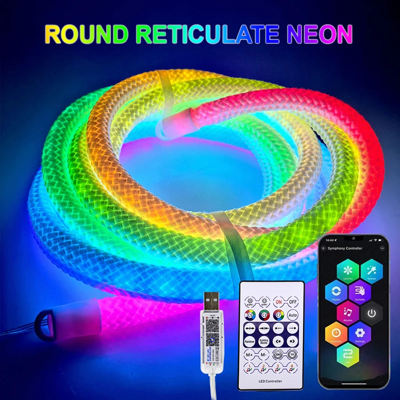360 Degree Round Reticulate Neon Led Strip With Remote Control Rgb Nylon Flexible Dream Colorful Rope Light Ambient Lighting