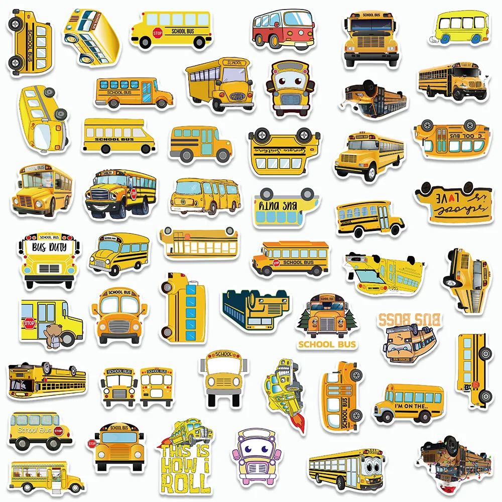 100/50PCS Cool School Bus Series Stickers Yellow Cartoon Decals For Ipad Case Laptops Cup Skateboards Fridge Notebooks Stickers