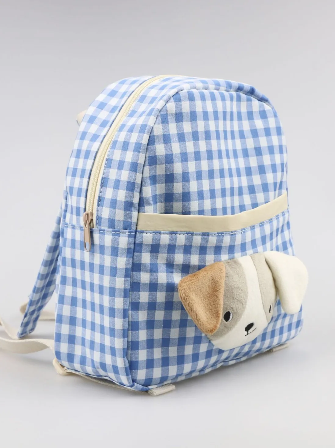 Cute and fashionable blue checkered dog doll backpack