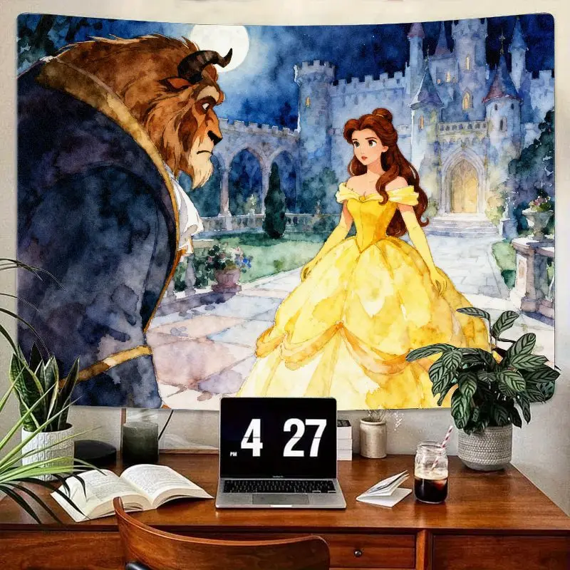 

1 шт., гобелен принцессы Диснея «Красавица и чудовище», акварельный замок, настенное искусство, полиэстер, домашний декор, подарок для сказочных фанатов Gi