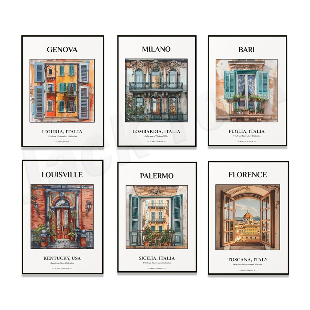 Florence, Milan, Naples, traditional tracery illustration, Rochester New York, Michigan, Los Angeles watercolor travel poster,