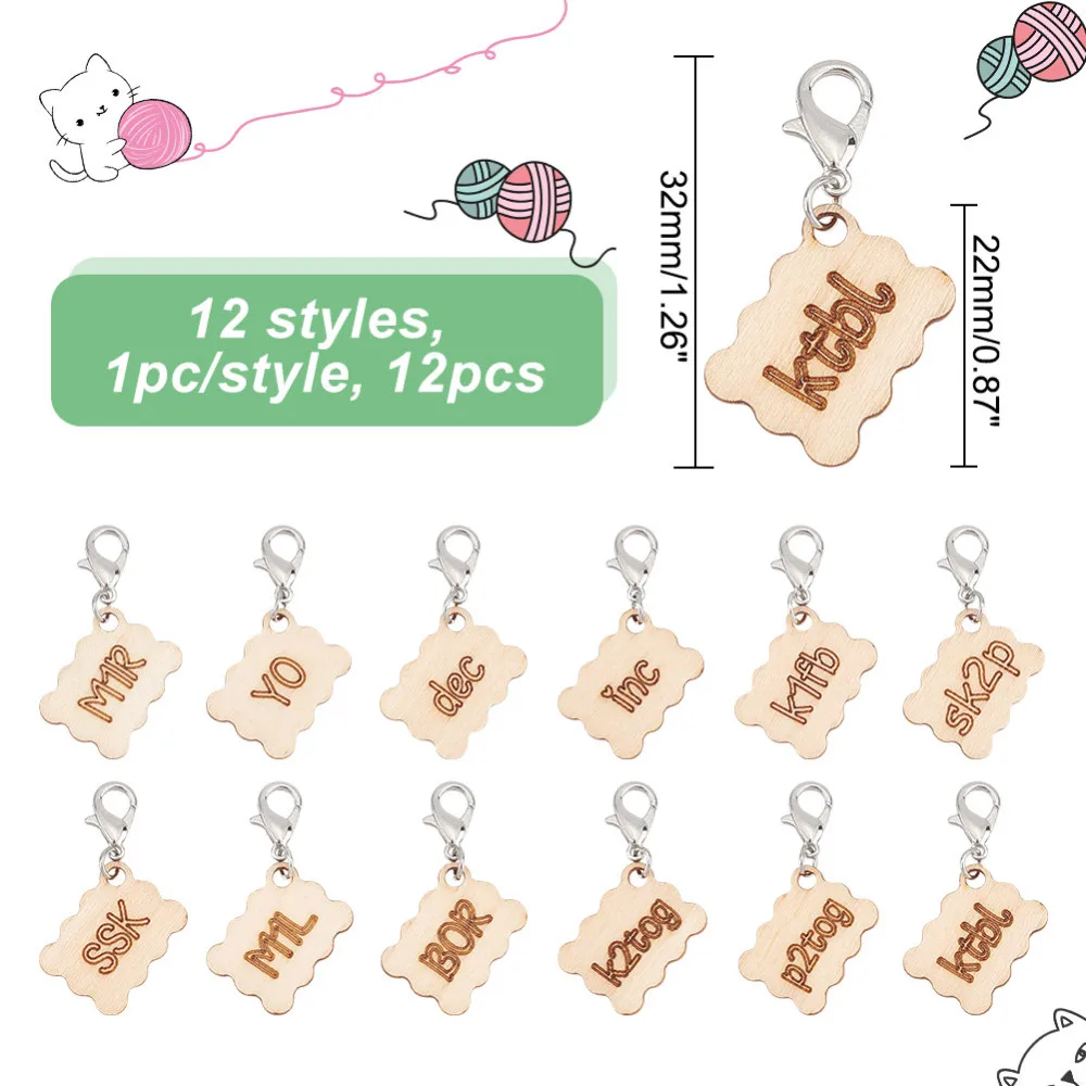 12 Stuks 12 Stijlen Houten Rechthoek Stitch Markers Houten Letters Haaksteek Marker Vergrendeling Stitch Marker Met Karabijn